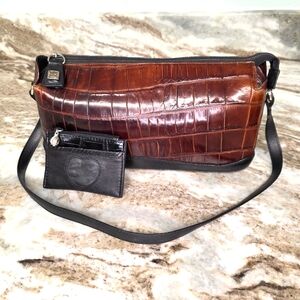 VNTG BRIGHTON Brown Structured Croc Embossed Leather Shoulder Bag Satchel
